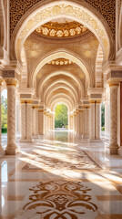 Corridor featuring intricate architectural details illuminated by sunlight. Luxurious setting with polished marble floor and lush greenery outside. Concept of architecture, luxury, hospitality