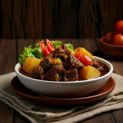 Traditional beef stew with potatoes, tomatoes, and fresh vegetables