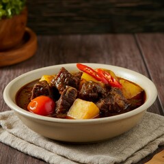 Beef stew with vegetables served in a rustic bowl