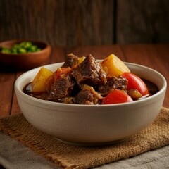 Spicy beef stew with potatoes, tomatoes, and red chili peppers
