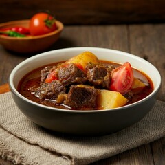 Traditional beef stew with potatoes, tomatoes, and chili peppers in a bowl