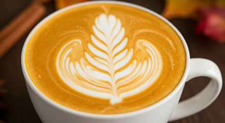Creamy pumpkin spice latte with delicate latte art in a white mug close up