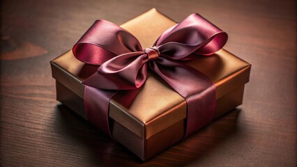 Obraz premium A luxuriously wrapped gift box with a deep maroon satin ribbon, elegantly tied in a perfect bow, sits on a rich dark wood surface, conveying a sense of occasion and thoughtful presentation.