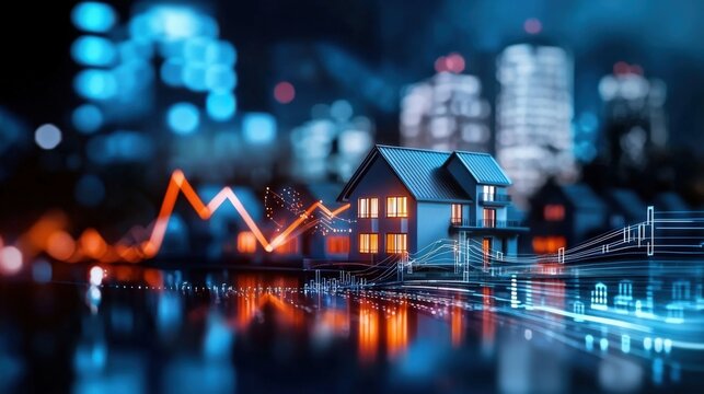 Market trends analysis for real estate investment urban environment digital illustration nighttime view data visualization concept - Powered by Adobe