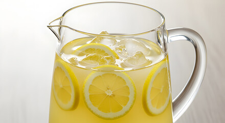 Refreshing homemade lemonade with fresh lemon slices and ice cubes in pitcher