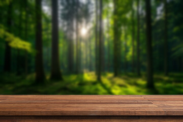 Tropical green background with empty table top in front. Exotic summer panoramic banner with copy space. Wooden bar counter in focus, blurred travel backdrop. Shelf for advertising product