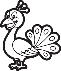 a happy peacock with a playful smile. Animal coloring book page design