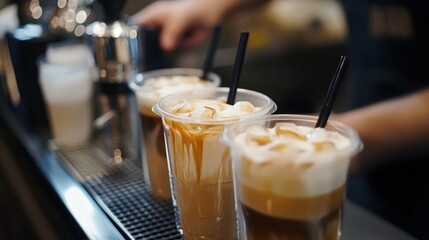 A barista preparing iced lattes and cappuccinos at a hip cafa