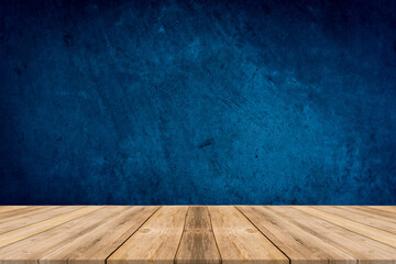 Wood table top on blue gradient abstract background - can be used for display or montage your products
