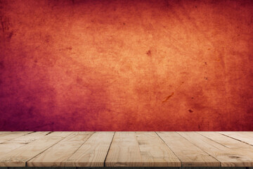 Wood table and red cement wall background in kitchen, Wooden shelf, counter for food and product display in red room background, Wood table top, desk surface banner, mockup, template 