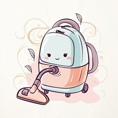 A whimsical hand-drawn clip artwork of an smiling face of a vacuum cleaner on a crisp white background, created in a vector style with bold lines, soft curves and delicate textures. Pastel creamy card