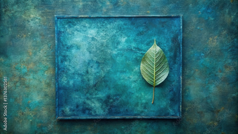 Poster single green leaf on a teal textured background within a dark frame
