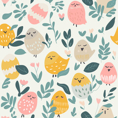 a cartoon vector illustration of easter theme seamless pattern background with easter eggs, easter chicks, spring flowers, tulips and more