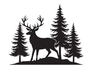  black Silhouette of a deer with pine trees and forest scenery on white background, Deer silhouette, vector illustration on white background

