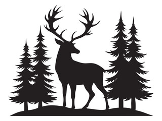  black Silhouette of a deer with pine trees and forest scenery on white background, Deer silhouette, vector illustration on white background
