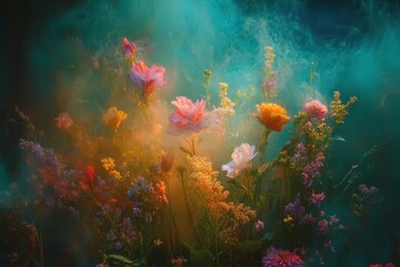 Vibrant floral arrangement showcasing diverse colors in a mystical atmosphere during golden hour