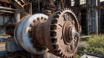 Detailed Close-up of Rusty Industrial Machine Component in an Abandoned Factory Setting with Overgrown Vegetation and Exposed Pipework