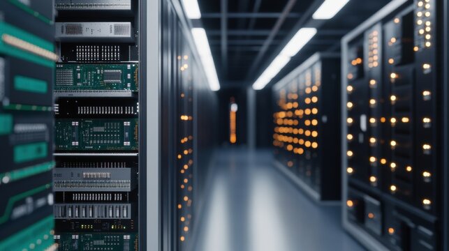 A modern server room featuring rows of servers with illuminated panels, showcasing advanced technology and data storage capabilities.