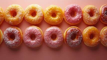 Sweet Symphony: Colorful Glazed Donuts arranged for delight. A delightful visual composition of assorted, colorful donuts, each adorned with a sweet glaze.