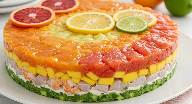 Creative Rainbow Ceviche Cake with Refreshing Citrus Garnishes on Display