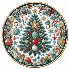 Naklejka premium A beautifully embroidered Christmas wreath with red berries, golden stars, and festive ornaments. The intricate needlework captures the warmth and joy of the holiday season.