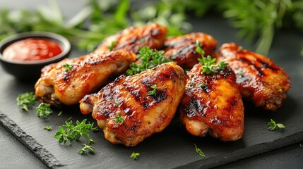 Succulent Chicken Wings: Appetizing close-up shot of crispy chicken wings, artfully arranged on a slate board, accompanied by a bowl of dipping sauce and fresh herbs.