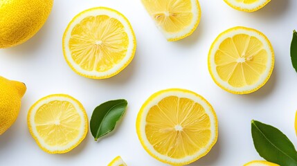 Bright yellow lemons and slices arranged artistically with fresh