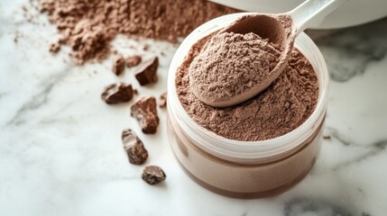 Chocolate Protein Powder in Scoop on Marble Counter