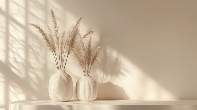 3D render of a beige boho-style podium for product display, adorned with vases and dried grasses, in warm light.