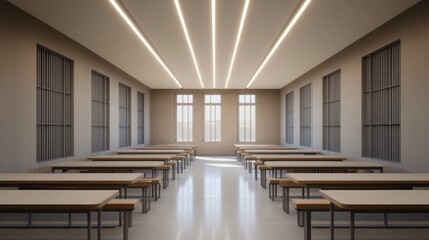 Fototapeta premium A modern, minimalist dining hall with long benches, large windows, and bright lighting, creating a spacious and inviting atmosphere.