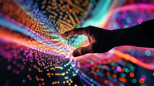 Hand streift durch bunte Lichtwellen