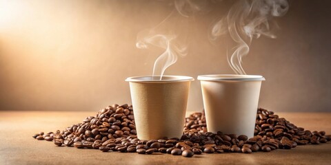 Two steaming cups of coffee nestled amongst a generous pile of roasted coffee beans on a rustic surface