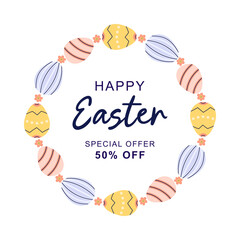 Happy Easter Round frame with painted eggs. Design with text for discount. Happy Easter hand drawn card. Flat illustration with partial outline. Vector illustration.