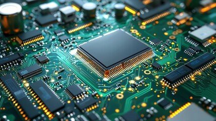 A close-up view of a circuit board featuring a central processing unit, showcasing intricate pathways and electronic components.