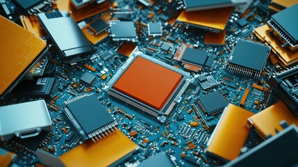 A close-up view of a circuit board filled with microchips and electronic components, showcasing intricate design and technology.