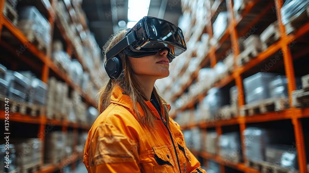Poster A worker in a bright orange uniform wears a virtual reality headset while navigating aisles filled with products in a logistics warehouse, showcasing automation in supply chain management.