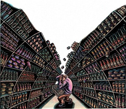 shopper in grocery store cowers, overwhelmed by the excess of choices of products on the shelves.