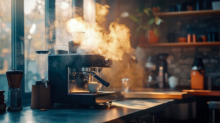 Morning ritual: Espresso machine brewing hot beverage with steam rising, kitchen interior with natural light