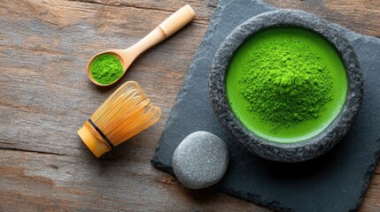 Traditional Japanese matcha tea ceremony setup with stone grinder, tea bowl, and bright green matcha powder. Copy space on a wooden table.