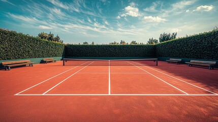 Fototapeta premium Open-air tennis court with red surface and green hedge under blue skies