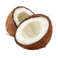 Halved coconut showing fresh white flesh.
