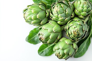 Obraz premium Fresh artichokes arranged with vibrant green leaves, showcasing