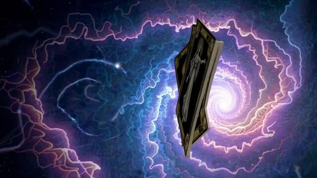 Mystical tarot cards floating over cosmic galaxy with spiritual lights, astrology concept background