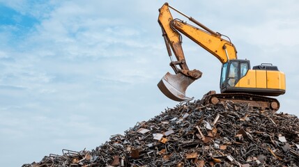 An excavator is lifting scrap metal from a large pile, showcasing heavy machinery at work in a recycling or demolition site.