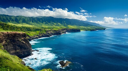 A deep blue ocean with white foam crashing against a rugged coastline