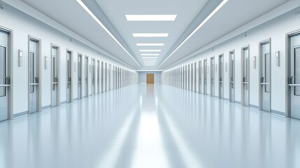 A long corridor lined with uniform doors and bright overhead lighting, creating a minimalist and sterile atmosphere.