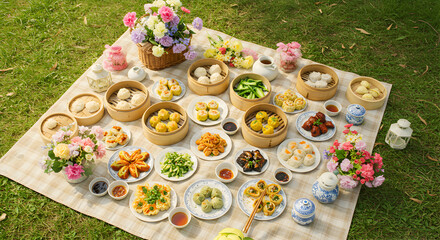 Overhead shot of a delicious dim sum picnic spread on a blanket outdoors