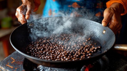 Traditional coffee bean roasting process with visible smoke and artisan touch