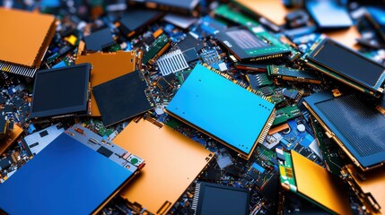 A vibrant assortment of electronic components, including circuit boards and chips, scattered in a chaotic yet colorful arrangement.