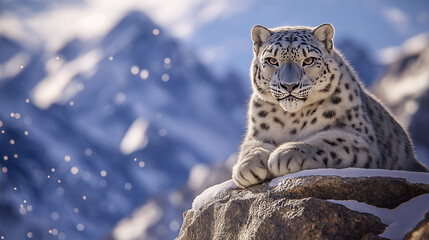 Obraz premium Majestic snow leopard rests on snowy mountain peak breathtaking winter scene sunlight glistens